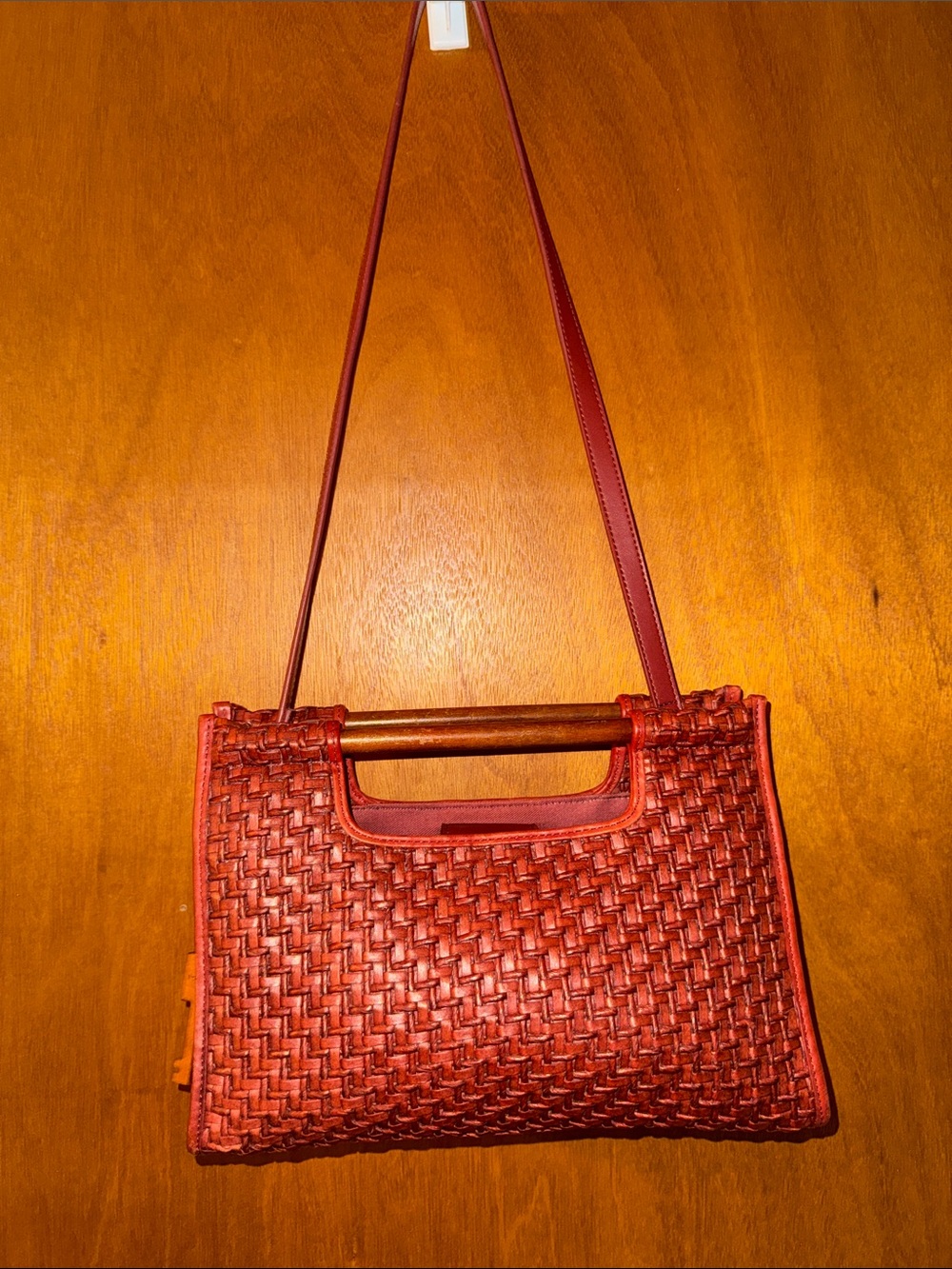 Vintage Fossil Woven Leather Wooden Handle Crossbody Satchel #75082